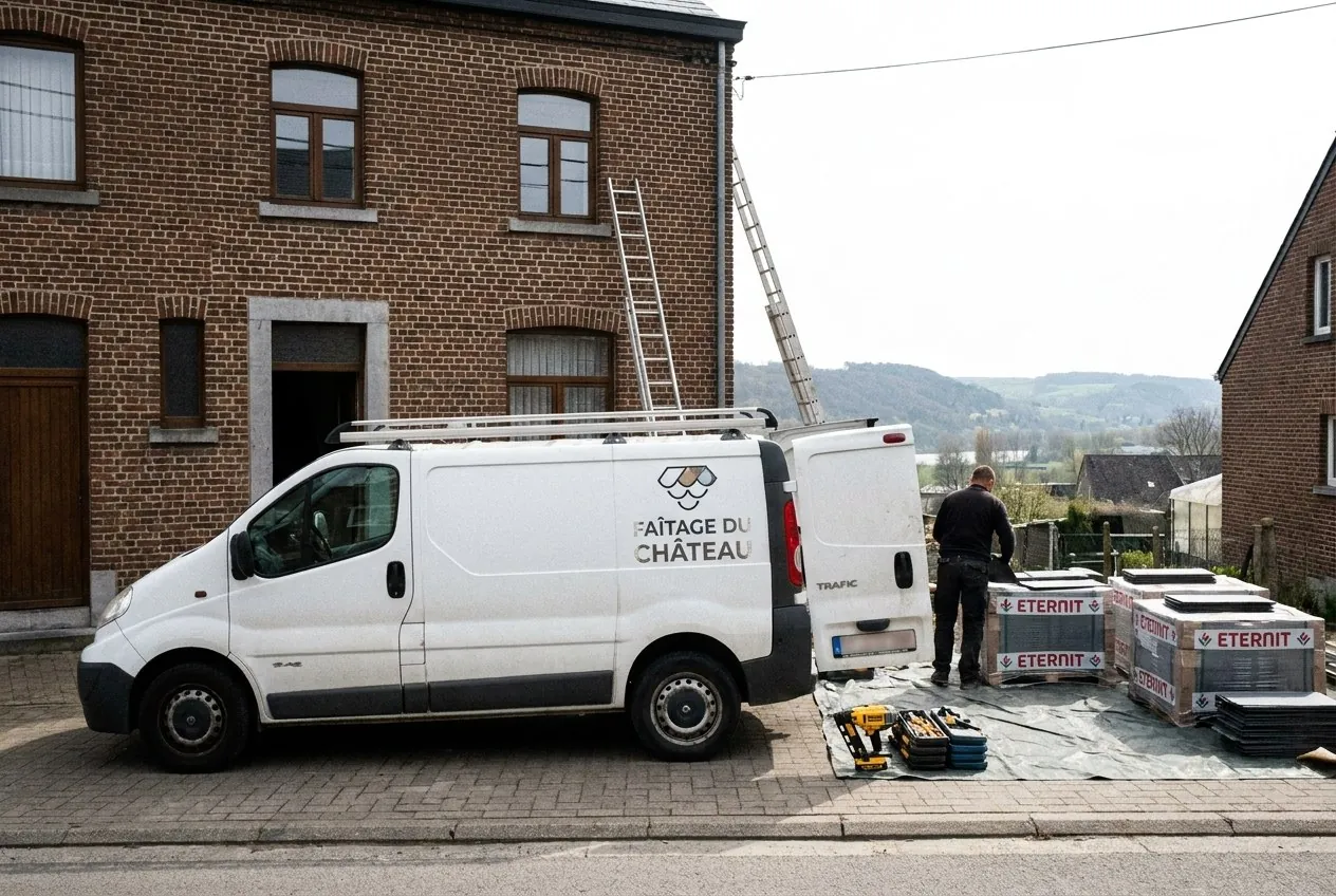 Camionnette Faîtage du Château garée devant une maison, palettes d'ardoises Eternit sur bâche
