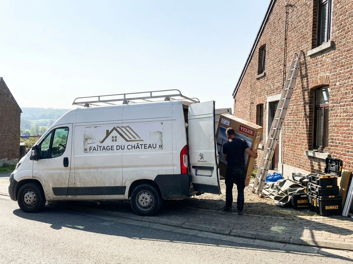 Camionnette Faîtage du Château, déchargement d'une fenêtre de toit devant une maison en briques