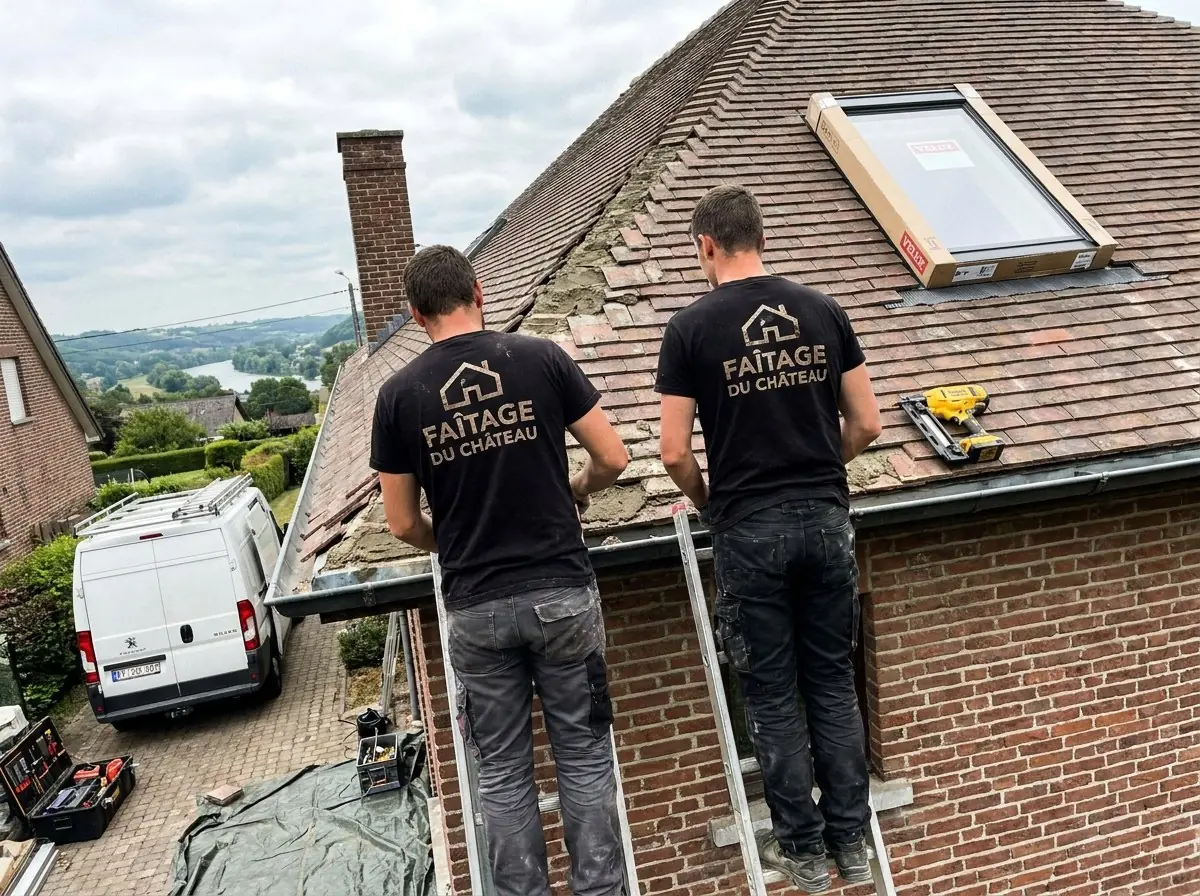 Deux couvreurs Faîtage du Château sur échelles au bord d'un toit de pannes, Velux prêt à poser